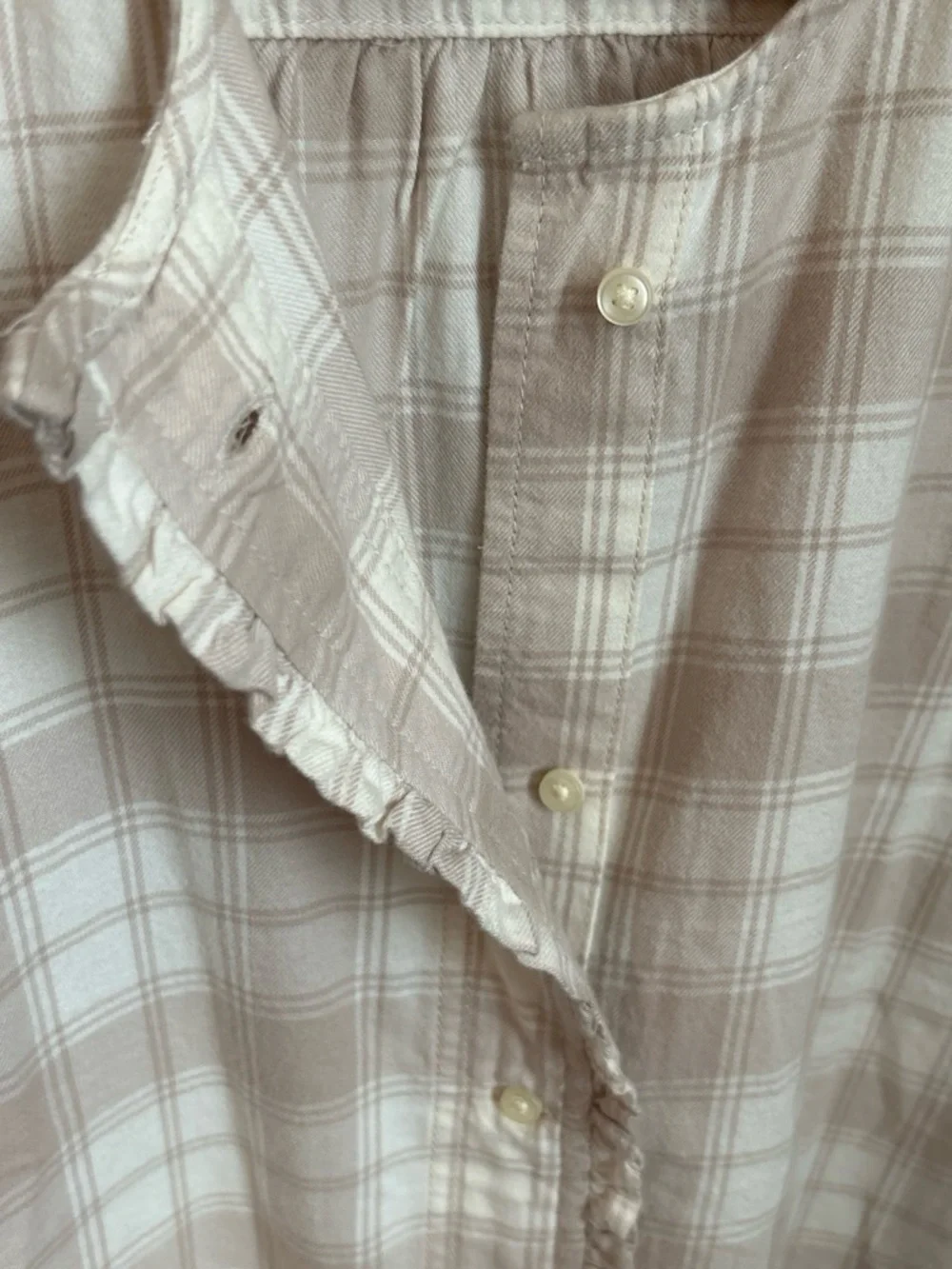 Women's Neutral Cream Plaid Button-Down Shirt with Ruffle Detail - Picture 3 of 8